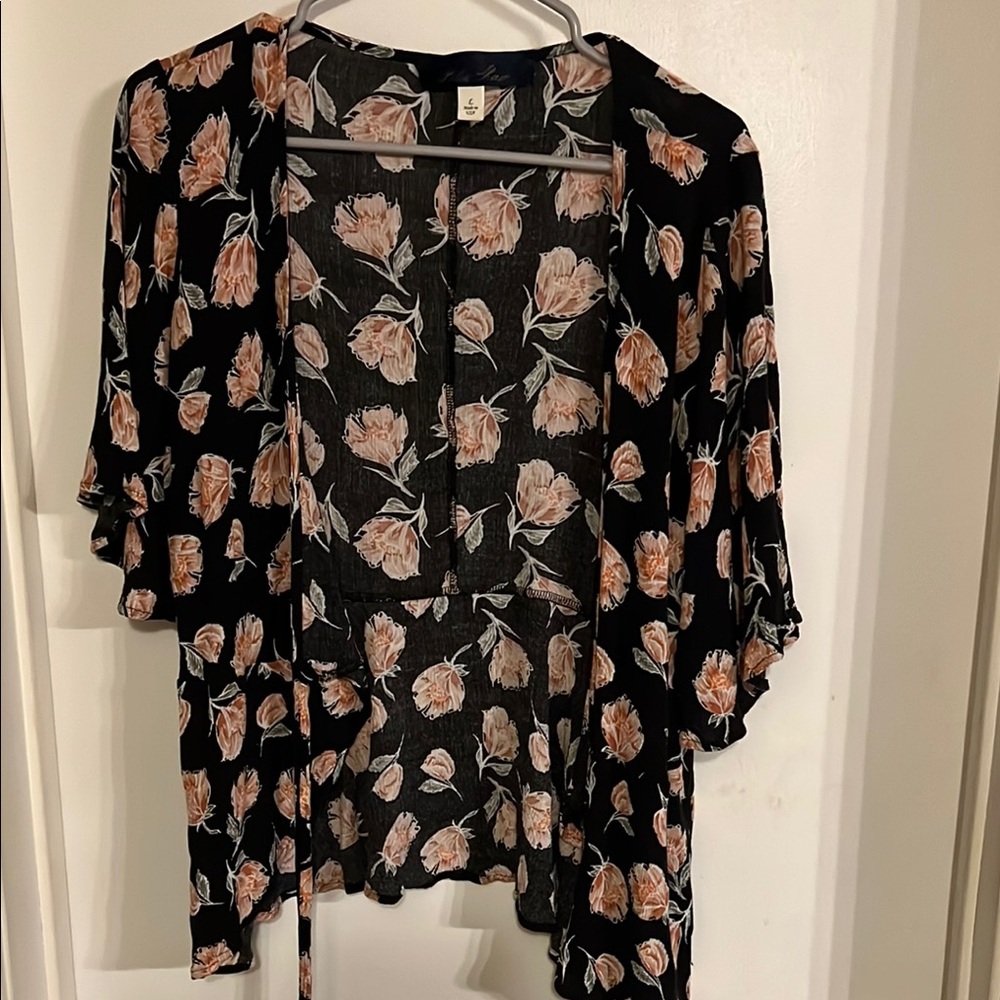 Blue Rain Black and Pink Relaxed Tie Front Top